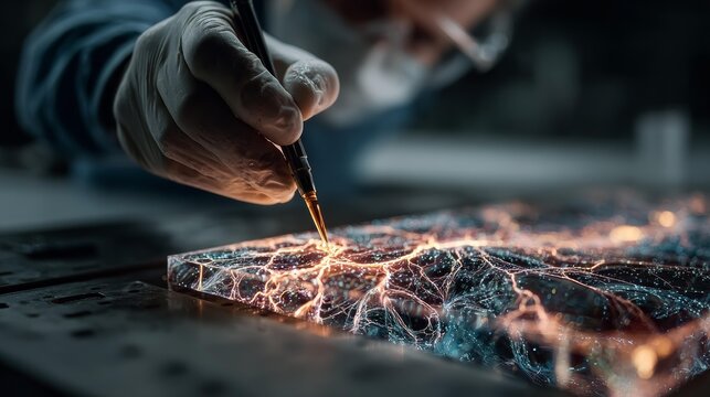 Precise scientific research explores intricate glowing circuitry within advanced laboratory setting, showcasing innovation and discovery.