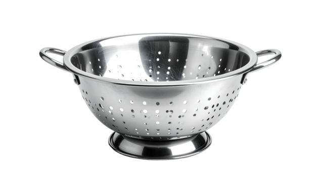 Metal colander, curved handles, perforated, isolated on black