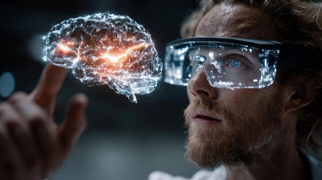 Futuristic medical research concept with scientist analyzing digital brain hologram using VR goggles, offering insights into neuroscience and technology trends