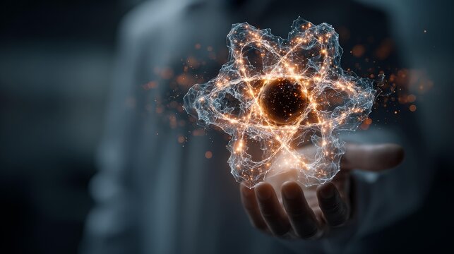 Captivating atom model held in hand, a visual representation of scientific innovation and cutting-edge technology, perfect for science and research projects