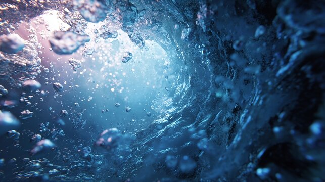 Underwater World: Capturing the tranquil beauty and mystery of the ocean depths, with sunlight gently piercing through the water surface and bubbles suspended