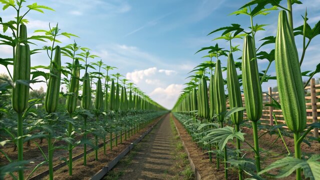 perfect visual alignment of a vast commercial farm growing rows of tall green pod vegetables under a bright summer sky - Powered by Adobe