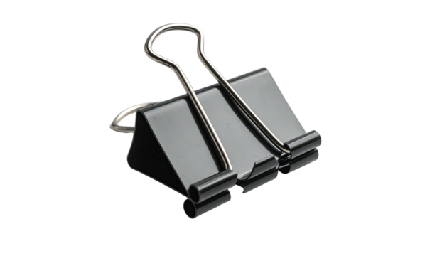 Metal binder clip, black, with silver handles on black background