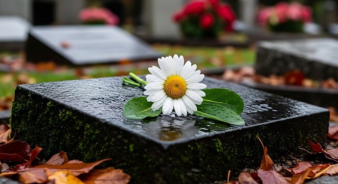 Daisy flower on a tombstone in a cemetery, a symbol of remembrance and loss