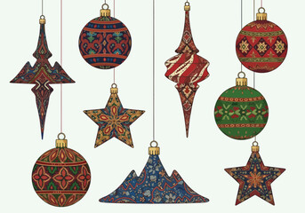A collection of intricately patterned Christmas ornaments hanging against a white background.