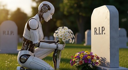 Robot mourns at a grave, a poignant scene of artificial intelligence and loss
