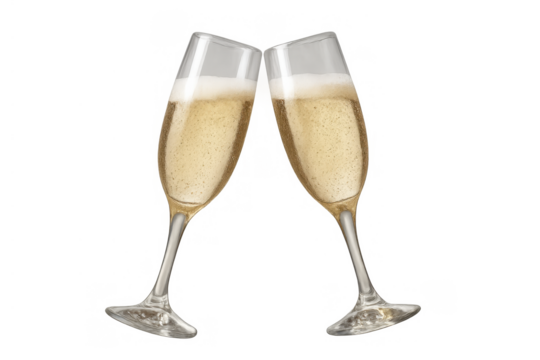 Two champagne flutes making a joyful toast, filled with golden sparkling wine, celebrating success and happy moments