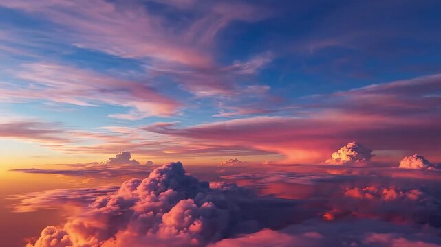 Vibrant sunset sky painted with fiery clouds and soft blue hues, evoking a sense of wonder and tranquility.