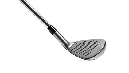 Silver golf club iron head, angled view against a black background