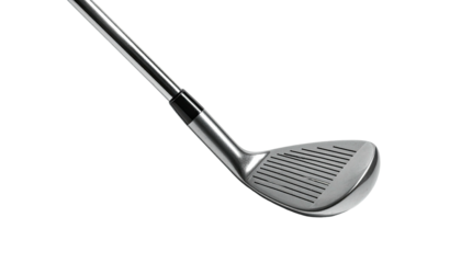Silver golf club iron head, angled view against a black background