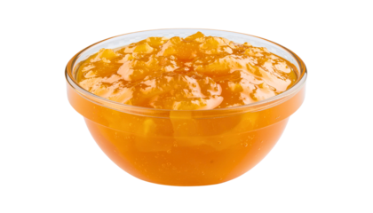 Orange fruit marmalade in glass bowl on transparent background