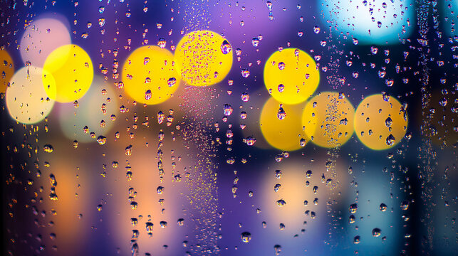 Raindrops on glass creating bokeh lights perfect for a dreamy, introspective, or atmospheric backdrop, ideal for a calming and serene vibe