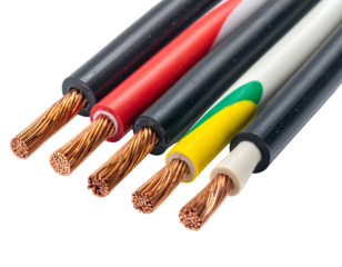 Close-up of five electrical wires showing copper strands emerging from insulated colored sheaths against a black backdrop
