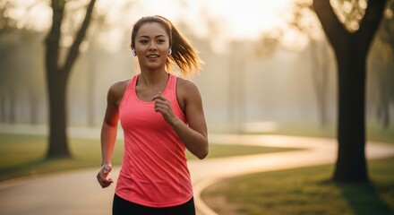 A fit young Asian woman in sportswear and wireless earbuds is jogging on a path in a park. The early morning light creates a positive and energetic atmosphere​
