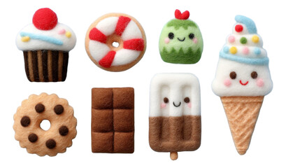 Assorted Felted Sweet Desserts on Transparent Background for Home Decor or Crafts
