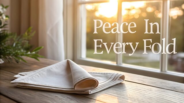 Folded napkin on wooden table near window with quote