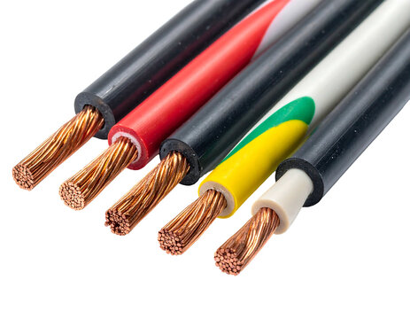 Close-up of five electrical wires showing copper strands emerging from insulated colored sheaths against a black backdrop