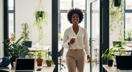 Smiling African American businesswoman in white blouse holds coffee while walking through bright modern office with hanging plants, laptop, and natural light from windows.