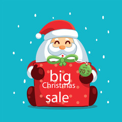 Art & Illustration of Christmas big sale on snow and sky blue background with a happy Santa