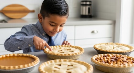 Happy young boy in blue checkered shirt touching freshly baked pie among variety of homemade pies on white kitchen counter. Warm, inviting baking scene with golden crusts.