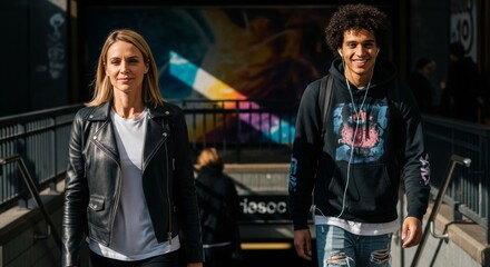 Two diverse adults, a blonde woman in a leather jacket and a young man in a hoodie and headphones, walking out of a dark urban subway or underground entrance.