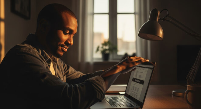 A smiling young black man closes his laptop after a productive day, sitting at a desk in a warm, dimly lit room with evening light from a window.