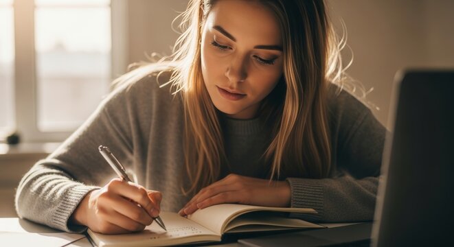 Young woman with long hair writing in open notebook with pen at desk. Warm natural sunlight from window creates peaceful studying atmosphere. Wearing beige sweater.
