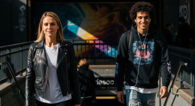 Two diverse adults, a blonde woman in a leather jacket and a young man in a hoodie and headphones, walking out of a dark urban subway or underground entrance.