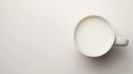Milk flat lay, top-down view, realistic Milk in white ceramic cup, clean neutral background for easy isolation