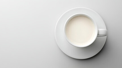 Milk flat lay, top-down view, realistic Milk in white ceramic cup, clean neutral background for easy isolation