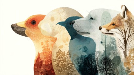 Naklejka premium Animal collage with bird, raven, polar bear, and fox profiles layered with forest silhouettes, creating harmonious wildlife and nature connection in warm and cool tones