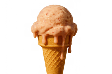 Melting strawberry ice cream in a waffle cone on a transparent background, depicting a sweet, refreshing summer treat