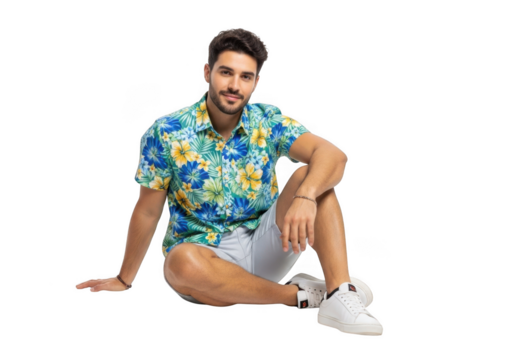 A stylish young man with dark hair and a beard wearing a vibrant floral print short sleeved shirt and white shorts sits relaxed isolated on transparent background