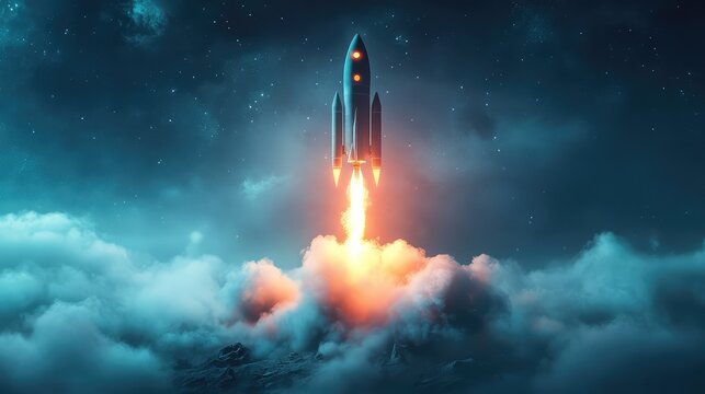 Rocket launching at night representing space exploration and ambition