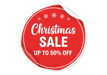 A red Christmas sale sticker with white text and snowflake accents, curled edge.