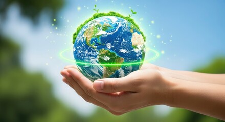 Protecting Our Planet - A Hand Holding the Earth with Green Energy.