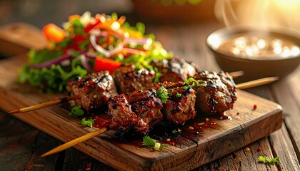 Juicy, grilled beef skewers are presented on a rustic wooden board alongside a vibrant salad and a bowl of dipping sauce.