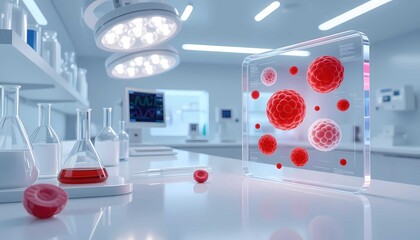 Modern medical laboratory background with floating red virus pathogen cells