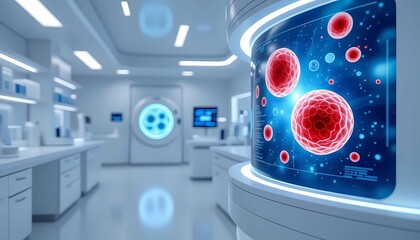 Futuristic medical laboratory interior featuring digital red blood cell analysis