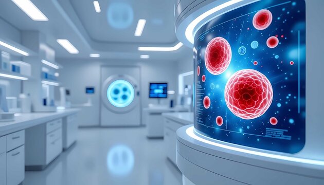 Futuristic medical laboratory interior featuring digital red blood cell analysis - Powered by Adobe
