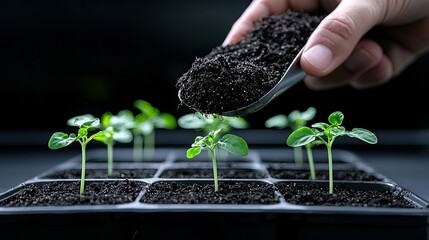 A hand holds a scoop of dark soil over a tray of small green seedlings, adding nourishment to the young plants.