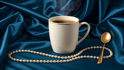 White coffee mug with gold rim on blue satin fabric