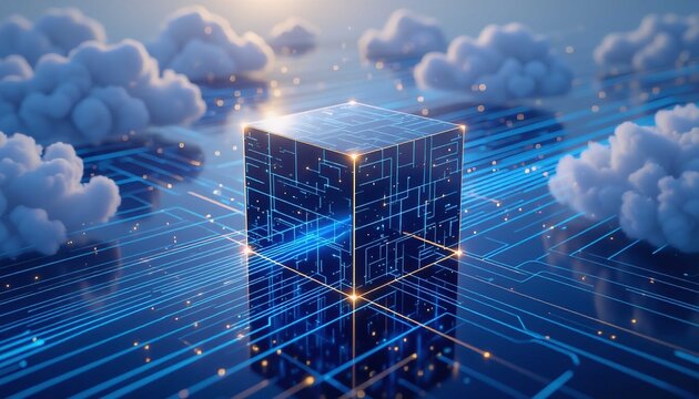 Shining data cube floating in cloud network with vibrant technological patterns