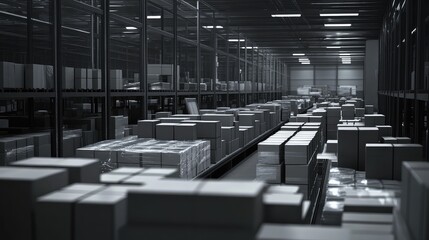 Warehouse storing boxes in black and white industrial setting