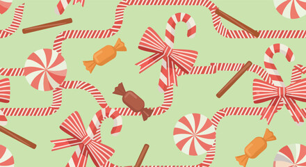 Festive candy canes, lollipops, and sweets create a cheerful holiday pattern.