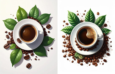 Coffee cup with green leaf and coffee bean decoration shows hot and iced drink beverage with caffeine refreshment for morning energy boost