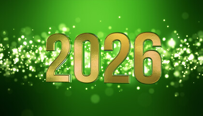 3d rendering of golden light shine particles bokeh over green background and the numbers 2026 in gold - represents the new year - vacation concept.
