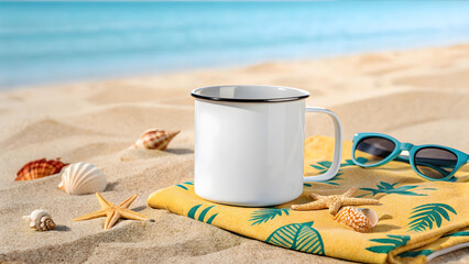 White enamel mug mockup on yellow beach towel with seashells