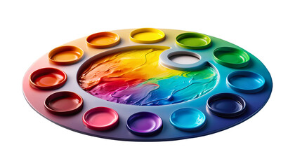 Art palette with colorful mixed paints on transparent background. png file
