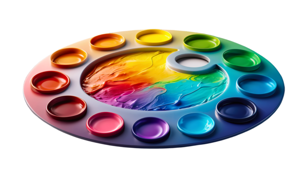 Art palette with colorful mixed paints on transparent background. png file